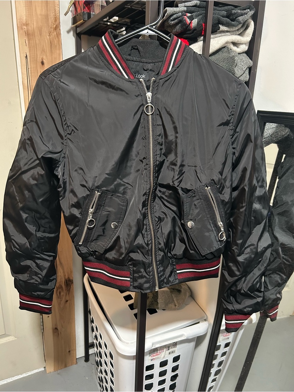 Kids Black Bomber Jacket with Red-Trim Ribbing
